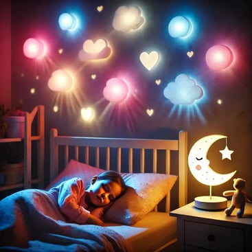 Lampe de chevet diffusant une lumière colorée magique, accompagnée de symboles oniriques, dans une chambre d’enfant.