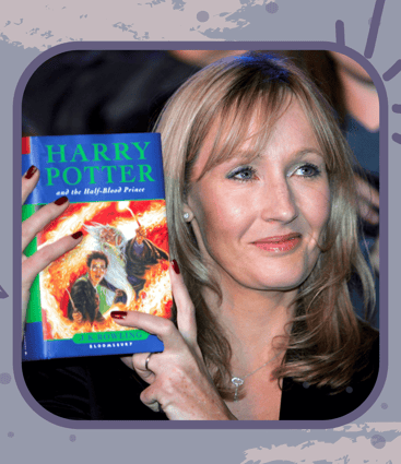a woman holding a book about harry potter potter