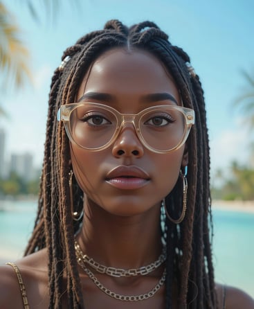a woman with glasses and a necklace with a chain link