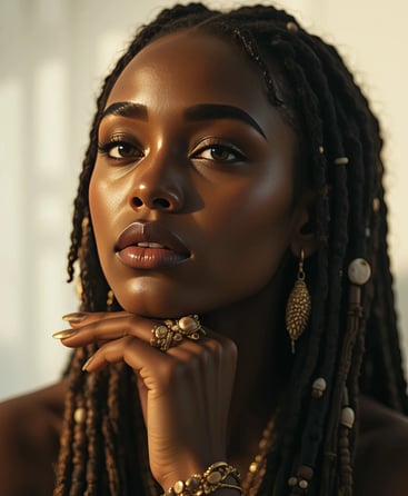 a woman with long hair and jewelry