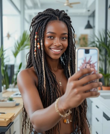 a woman with long hair and dreadlocks is taking a selfie