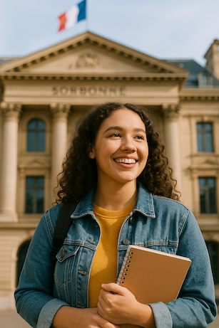 a woman in a denim jacket and jeans jacket holding a notebook in front of the sorbonne in paris