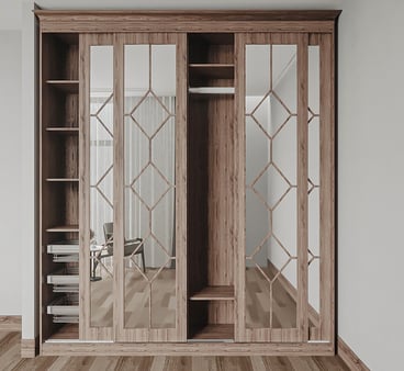 a clothes cabinet with a mirror and a chair