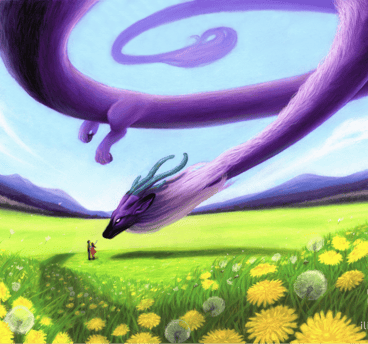 Pastellmalerei, die einen lila Drachen zeigt, der über eine Löwenzahnwiese zu zwei Personen fliegt.