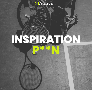 image of sa wheelchair tennis player from above. Text on top of the image says 'Inspiration p**n.'