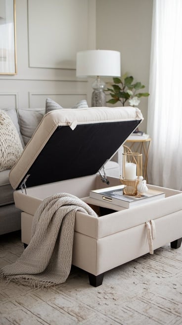 neutral-toned storage ottoman with a blanket on it, with couch, coffee table book, and chic candle