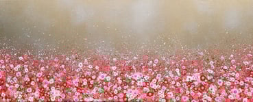 a painting of a field with flowers and a sky background
