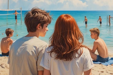 Link alla pagina "Campeggio". L'immagine è uno sketch di due giovani in spiaggia