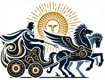 a man in a chariot with a horse drawn in the background