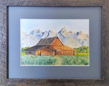 a painting of a barn with the backdrop of The Grand Tetons Mountains