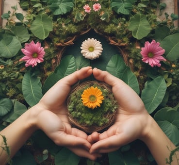 A hand holds open a book against a backdrop of lush green leaves, revealing a page with handwritten text. The text discusses the necessity for creatives to engage in their craft to achieve personal fulfillment, with a quote from Abraham Maslow.