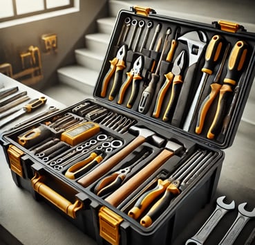 Caixa de ferramentas organizada com chaves, alicates, martelos e parafusadeiras, representando os se