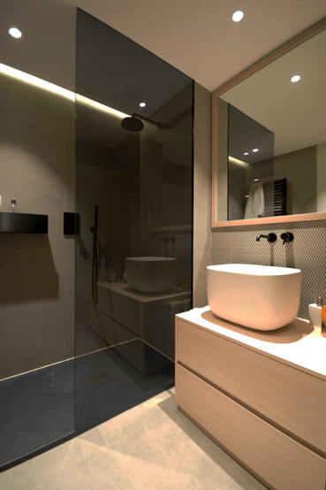 salle de bain épurée, douche à l'italienne, éclairage tamisé