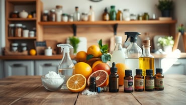 A wooden table with an assortment of natural cleaning products.