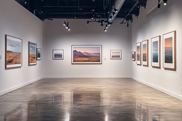 Galerie d'art moderne avec des photographies de paysages encadrées, éclairées par des spots dans une ambiance épurée et sophi