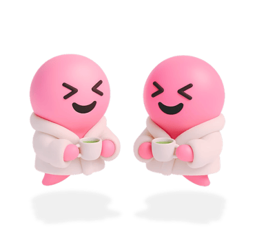 Two Blabit bubbles in white bathrobes holding green tea cups in a relaxing spa setting