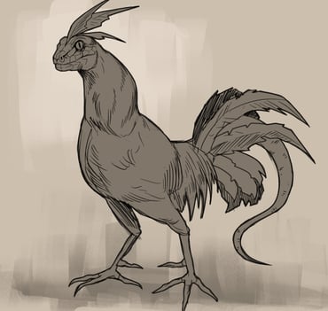 Creature concept art, rooster with snake head, fantasy illustration, digital drawing