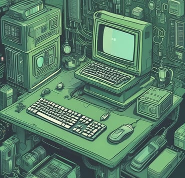 a computer desk with a computer monitor and a keyboard