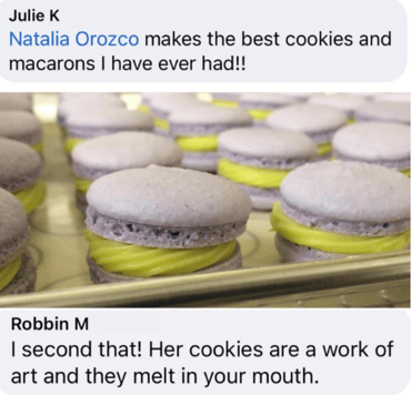 Five-star customer review highlighting Natalia’s artisanal macarons, emphasizing exceptional flavor and craftsmanship.