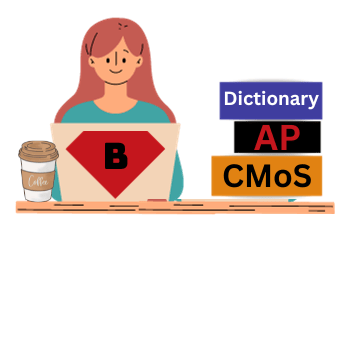 Cartoon of a redhead at a desk with editing books, coffee, and laptop