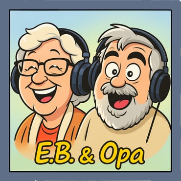 Cartoon caricatures of E.B. and Opa