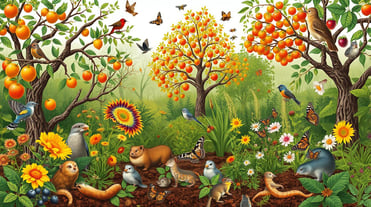  a diverse array of animals interacting harmoniously with various fruit and nut trees, shrubs, and p