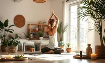  a person practicing yoga, surrounded by plants and herbal remedies