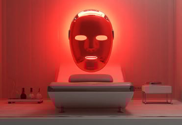 a red light up in a room with a white couch