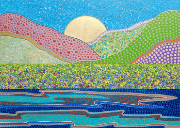 a painting of a mountain scene with a river and mountains