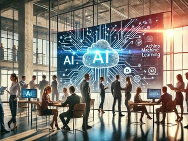 An AI on a wall in an office space with people working