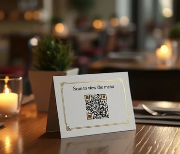 Código QR numa mesa de restaurante para escanear e aceder ao menu digital sem contacto.