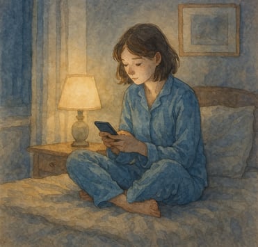 a woman sitting on a bed with a cell phone