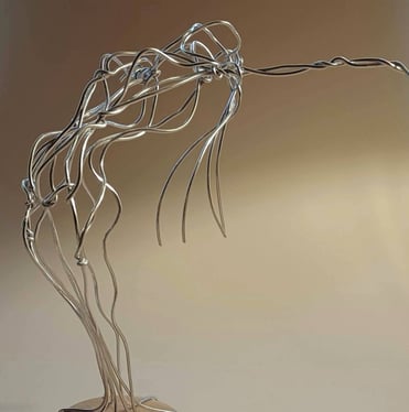 A wire sculpture of a complete female figure, standing, bending over backwards, arms out