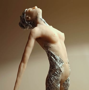 A detailed polymer clay and wire sculpture of a standing female figure, stretching with arms back