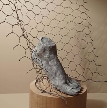 A sculpture of a single foot resting on toes, surrounded by wire netting, painted blue-greys