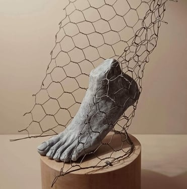 A sculpture of a single foot resting on toes, surrounded by wire netting, painted blue-greys