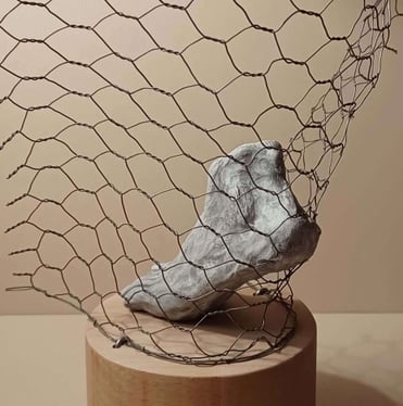 A sculpture of a single foot resting on toes, surrounded by wire netting, painted blue-greys