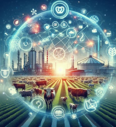muestra una representación futurista de la agricultura, con ganado en primer plano