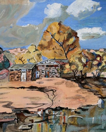 Acrylic semi-abstract painting of cottage in Oak Creek Canyon, AZ