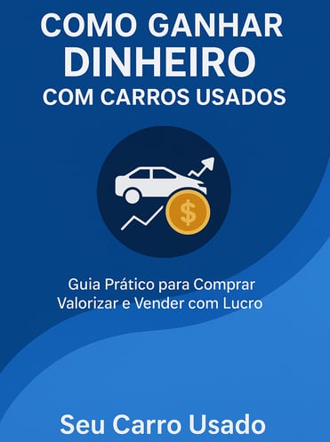 Capa do eBook “Como Ganhar Dinheiro com Carros Usados” com fundo azul, ícone de carro e moeda, e tít