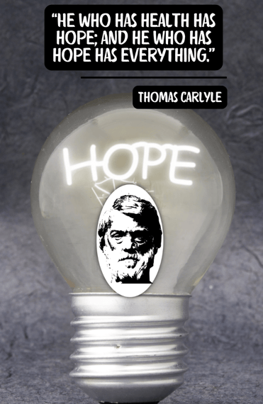 A sketch of a bust of Thomas Carlyle inside a lightbulb with "HOPE" in a neon light and his quote.