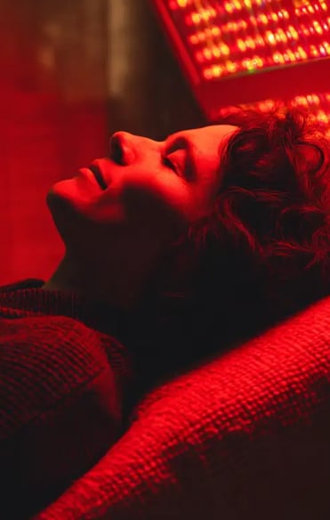 a woman laying on a couch in a red light