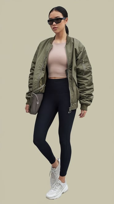 a woman in a beige tank top, olive bomber, and black leggings