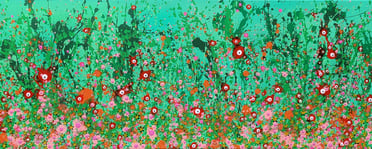 a painting of a field with flowers and trees