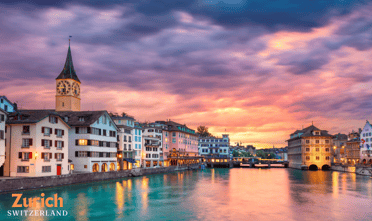 a river with a clock tower in the middle of it