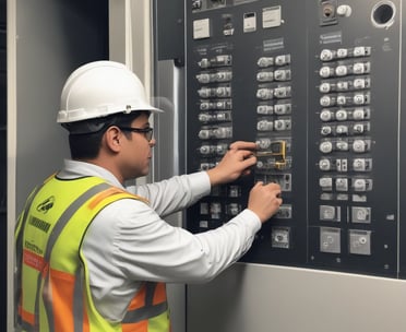 A modern elevator is centered between illuminated panels with a minimalist, geometric design. The elevator doors are metallic and closed, with control buttons on either side. Above the doors, a display shows the number 3.
