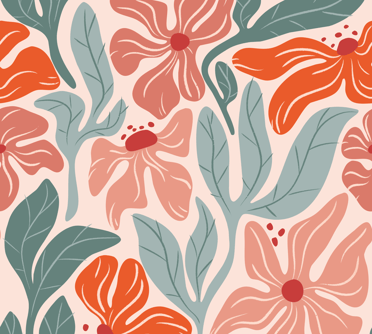 Motif seamless pattern représentant des fleurs ainsi que de la végétation dans un style colore retro