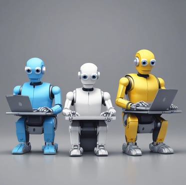 Four small, white robot figures are sitting in a row, each with a laptop in front of them. They have round bodies and blue accents, with 'AI' displayed on their chests. The background is minimal and light gray, emphasizing the robots and their computers.