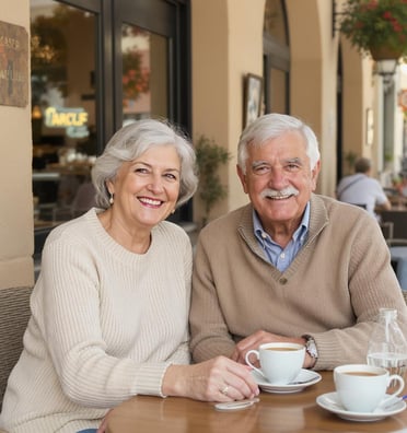 Retired couple having coffee in Europe because they planned their legacy.
