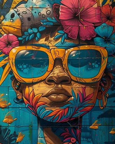 Illustration colorée sur mur béton d'une jeune fille aux lunettes jaunes